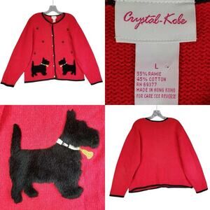 Crystal Kobe Cardigan Sweater Vintage Scottie Dog Granny Preppy Novelty Large GK